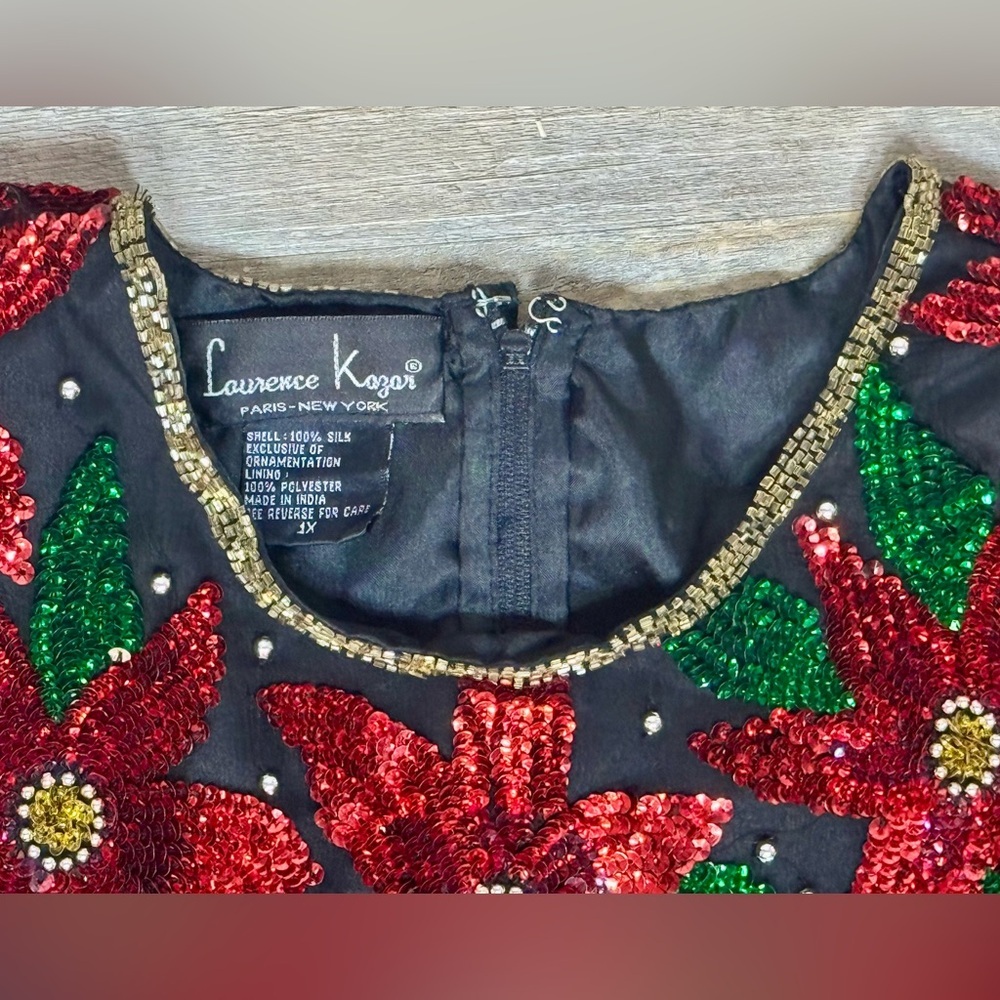 Laurence Kazar Poinsettia Sequin Floral Formal Christmas Blouse - Picture 3 of 7